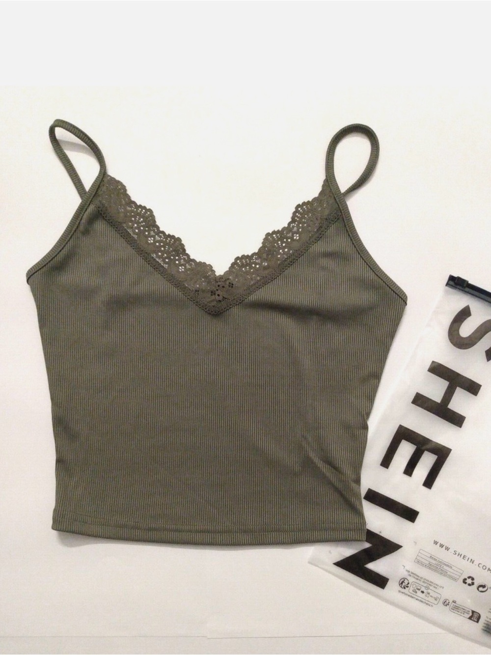 SHEIN Olive Lace-Trim Ribbed V-Neck Cami